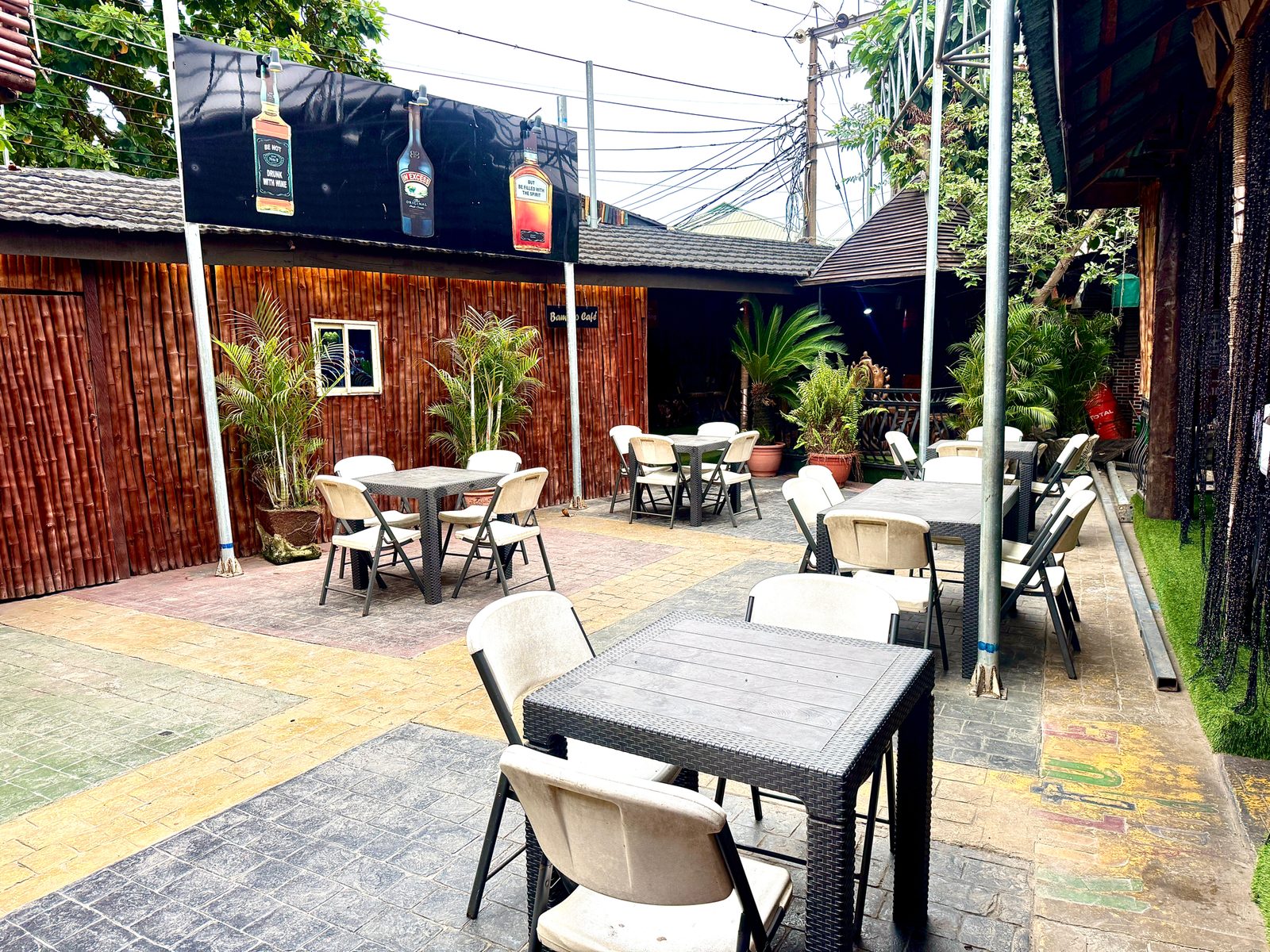 Outdoor patio seating at Kulture Yard with bamboo finishes